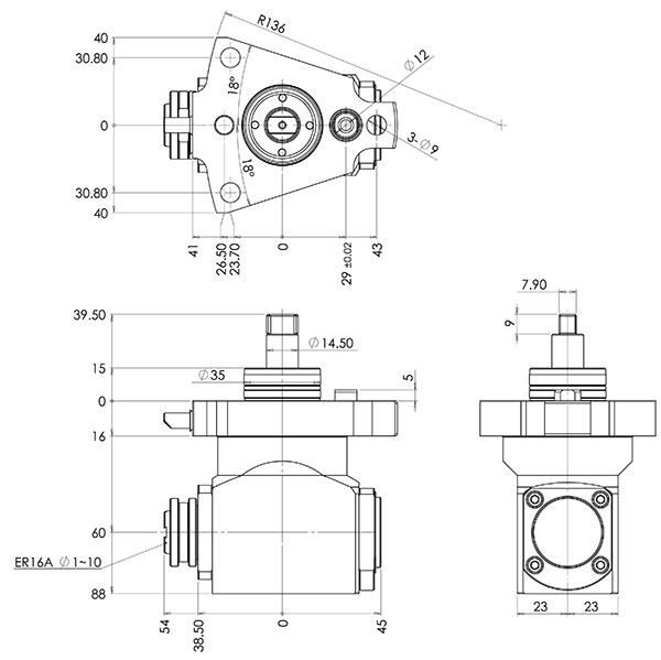 BMT 3 BOLTS MURATEC RADIAL DRILLING MILLING HEAD ER16A L=60 mm M=54 mm ...