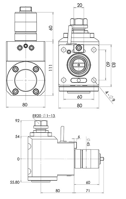 BMT BOLT PATTERN 60x60 RADIAL DRILLING MILLING HEAD ER20 L= 80 mm FOR ...